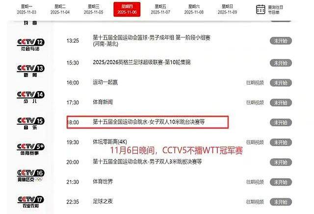 调整!11月6日晚间CCTV5转播WTT冠军赛有变,5台不转播乒乓球